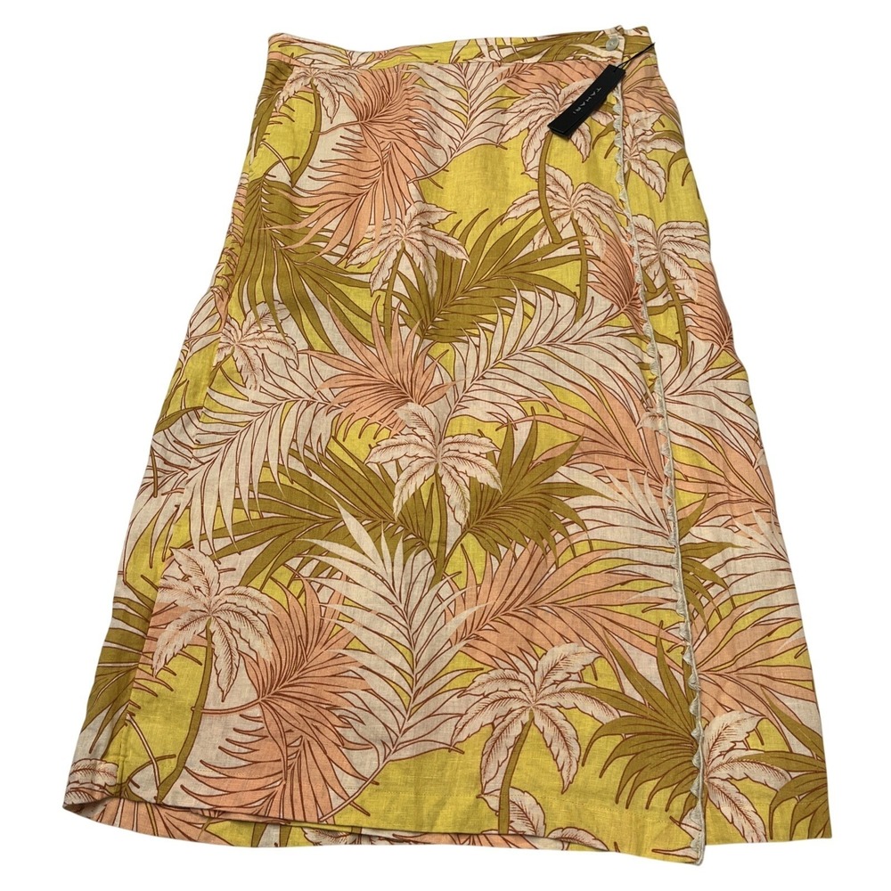 Tahari Skirt Flax Linen Wrap Maxi Size XL Yellow Tropical Palm Print Vacation